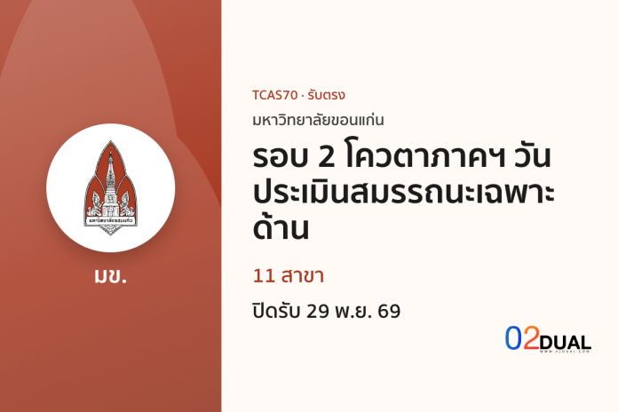 การรับเข้าศึกษา มหาวิทยาลัยขอนแก่น รอบ 2 โควตาภาคฯ วันประเมินสมรรถนะเฉพาะด้าน TCAS70
