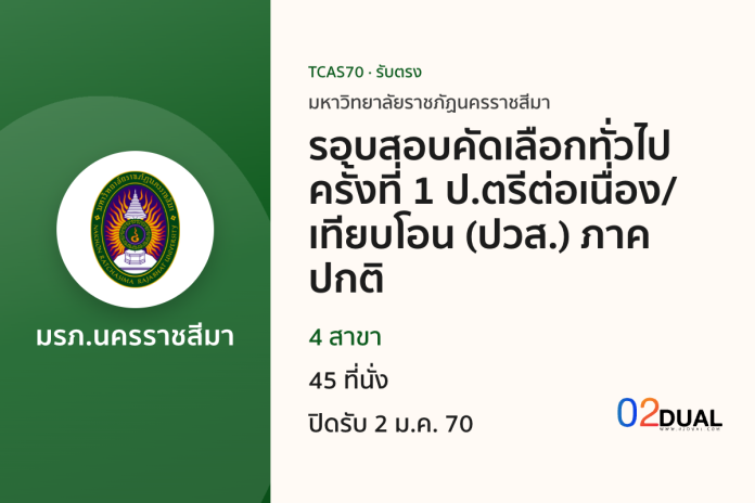 การรับเข้าศึกษา มหาวิทยาลัยราชภัฏนครราชสีมา รอบสอบคัดเลือกทั่วไป ครั้งที่ 1 ป.ตรีต่อเนื่อง/เทียบโอน (ปวส.) ภาคปกติ TCAS70