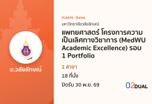 การรับเข้าศึกษา มหาวิทยาลัยวลัยลักษณ์ แพทยศาสตร์ โครงการความเป็นเลิศทางวิชาการ (MedWU Academic Excellence) รอบ 1 Portfolio TCAS70