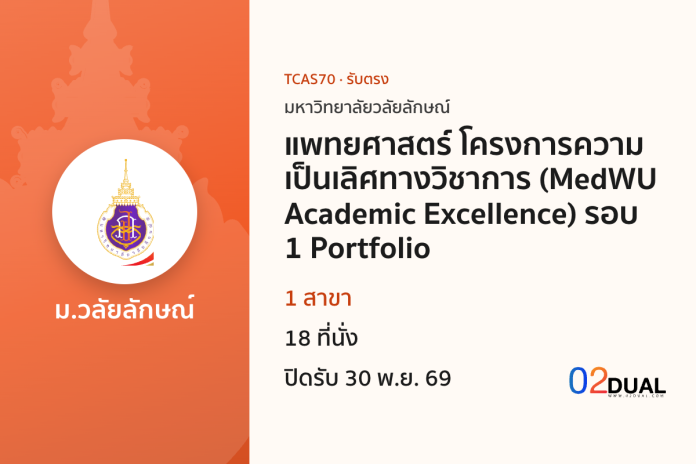 การรับเข้าศึกษา มหาวิทยาลัยวลัยลักษณ์ แพทยศาสตร์ โครงการความเป็นเลิศทางวิชาการ (MedWU Academic Excellence) รอบ 1 Portfolio TCAS70